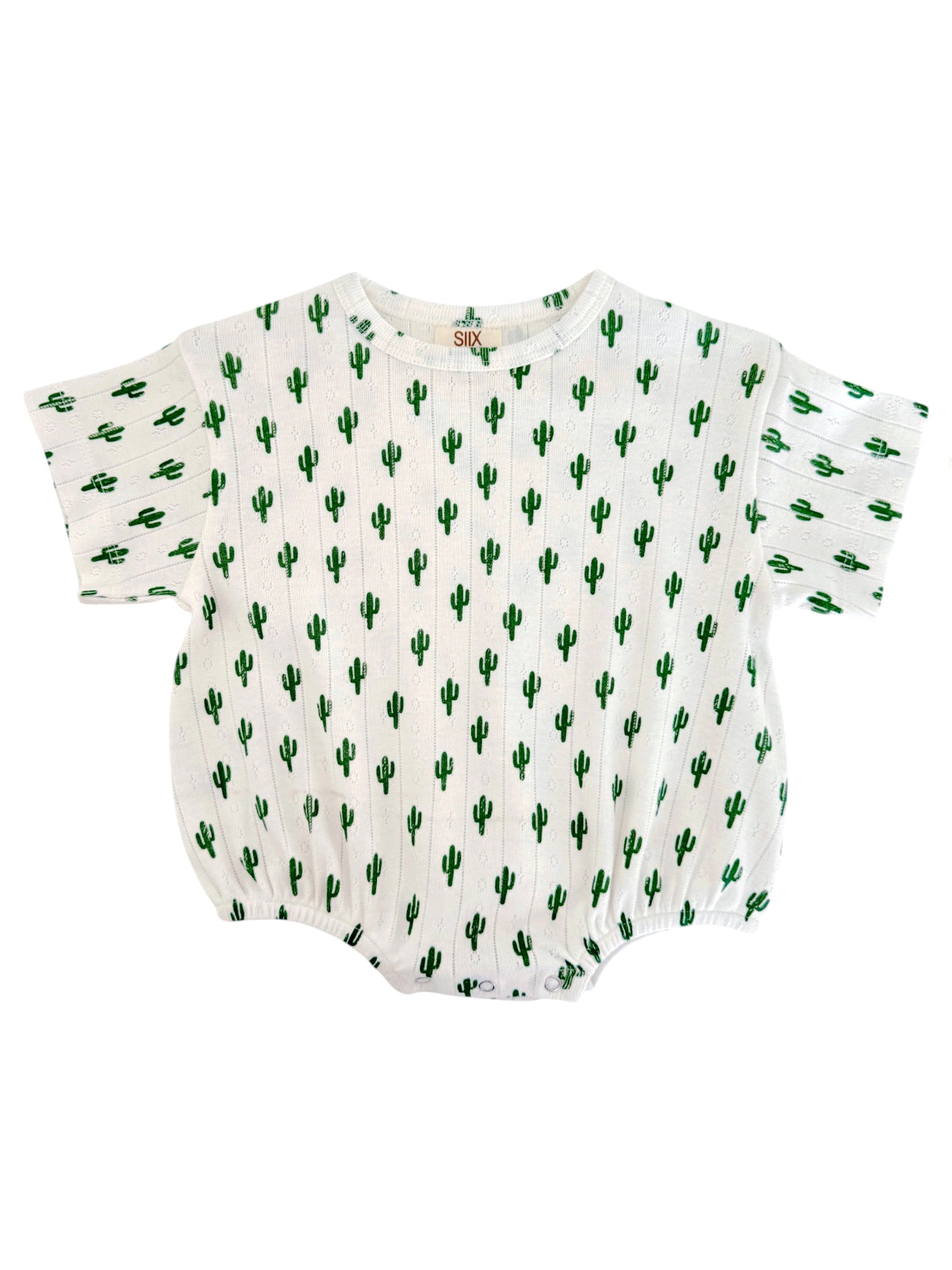 White baby romper with green cactus pattern, featuring short sleeves and elasticized bottom.