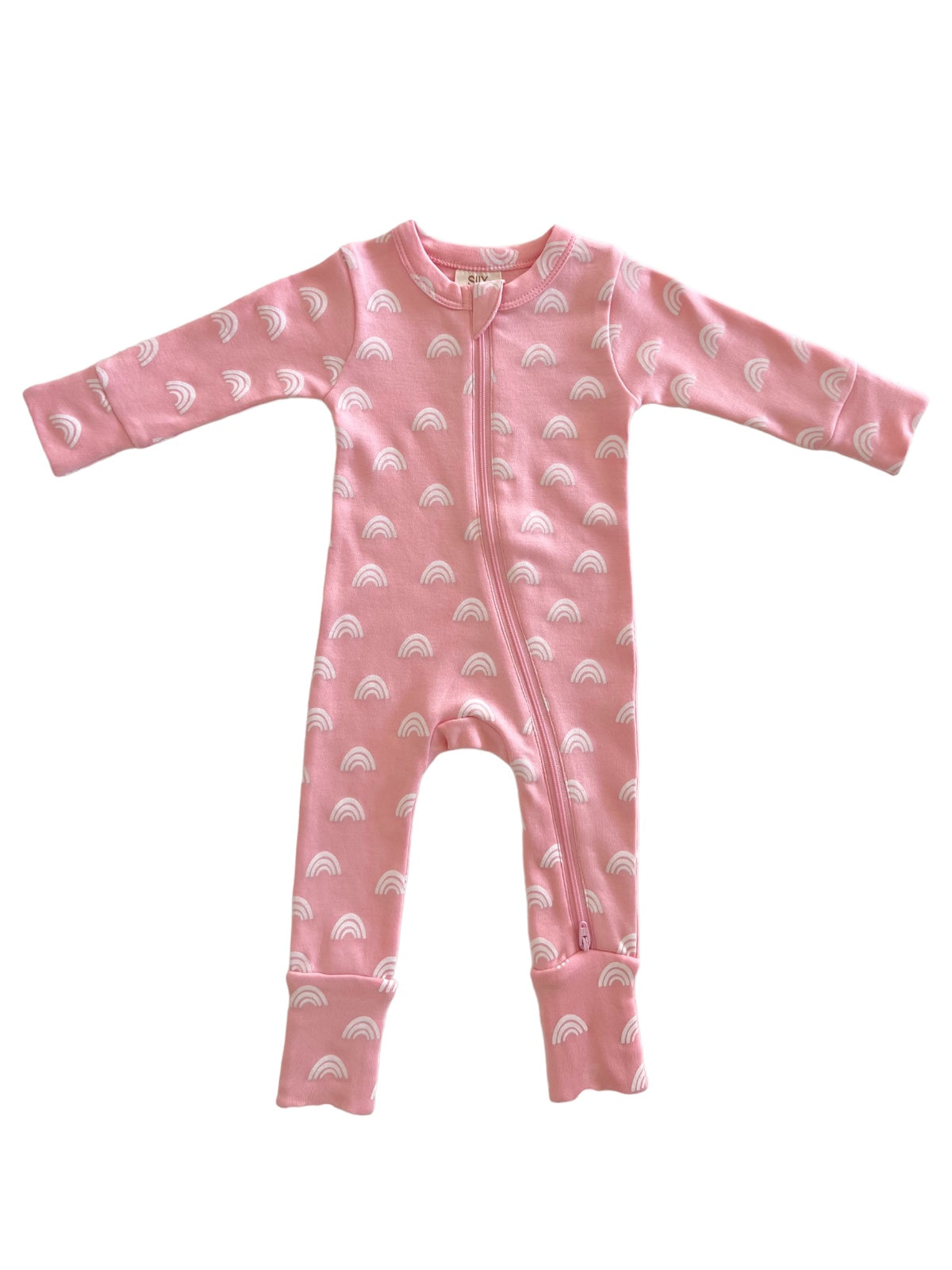 Pink baby onesie with white rainbow patterns and a front zipper. Soft fabric suitable for infants.