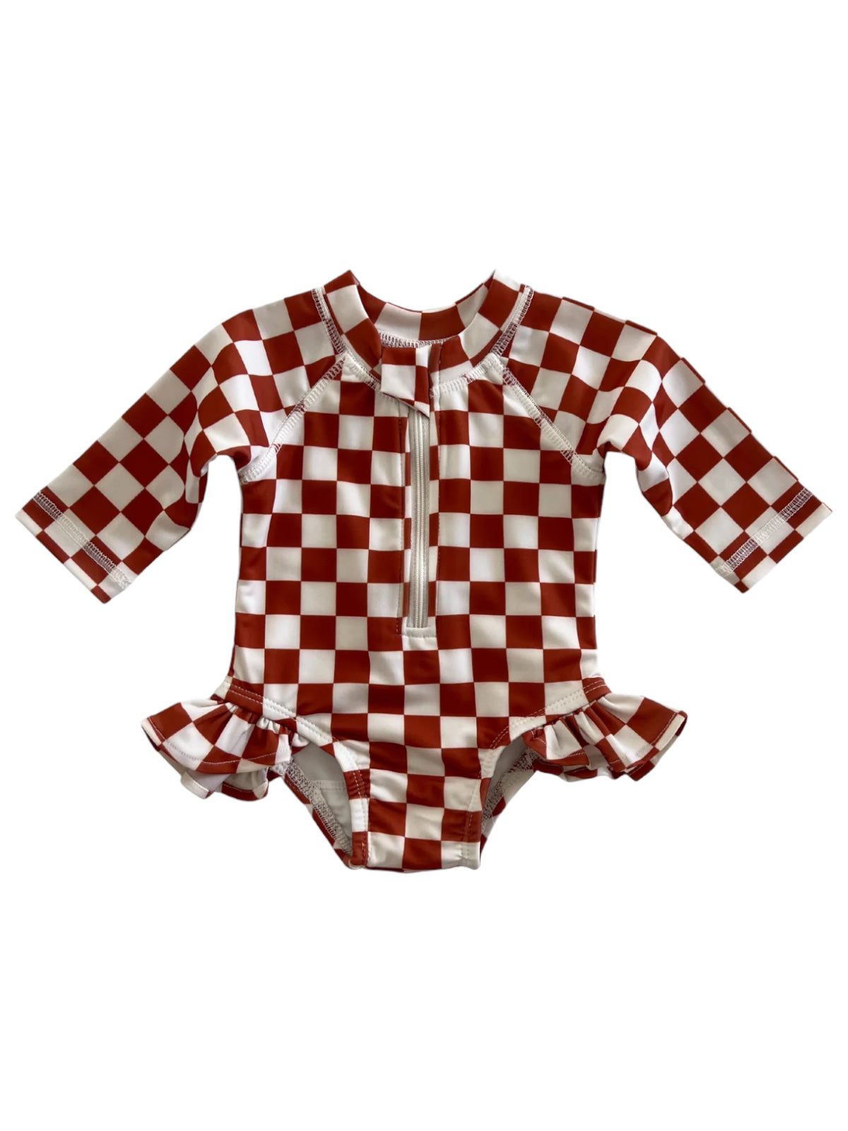 Red and white checked swimsuit with short sleeves and ruffled bottom, designed for kids' swim wear.