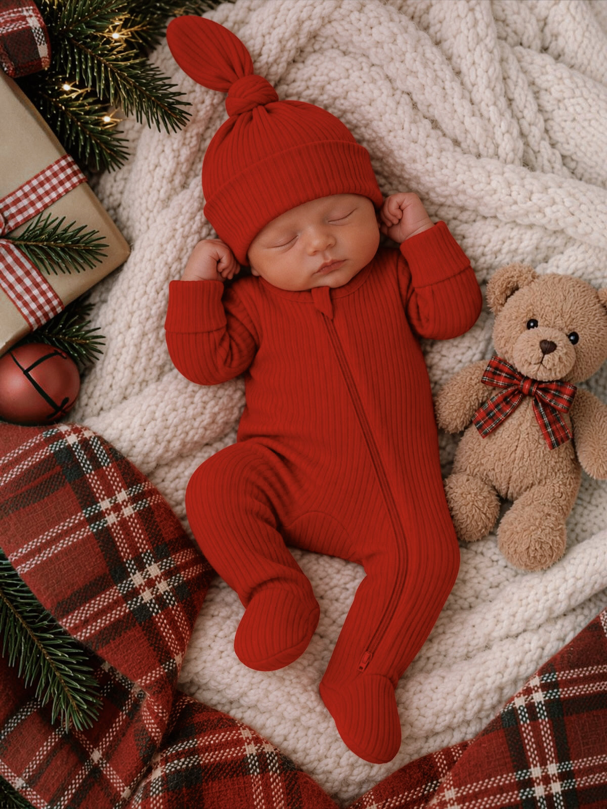 Newborn in a red outfit and hat, sleeping on a cozy blanket with a teddy bear and holiday decorations.
