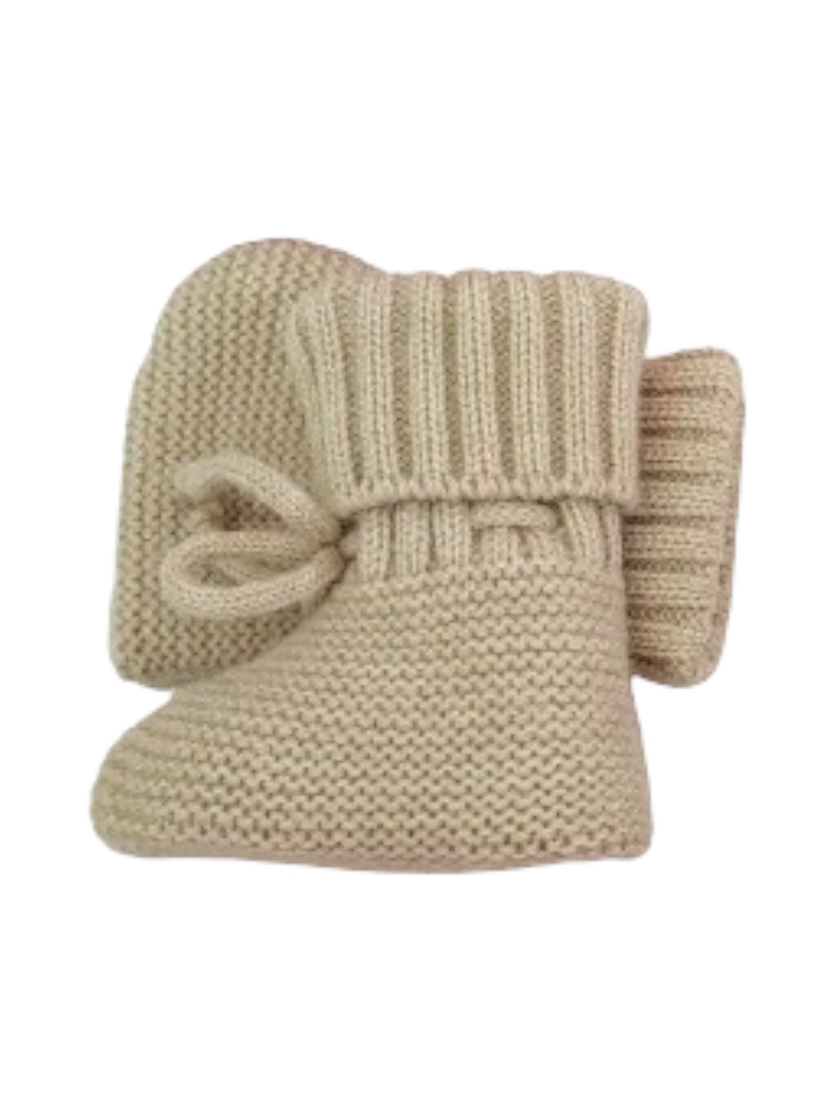 Knitted beige baby booties with a folded cuff and bow detail, perfect for keeping little feet warm.