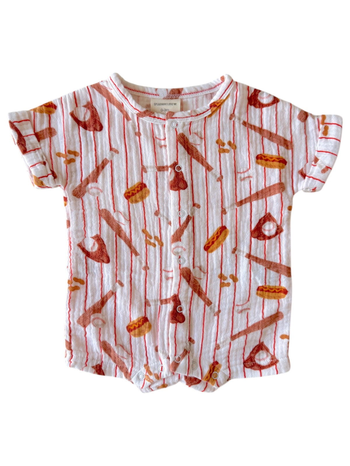 Baby romper with a playful print of baseball bats, balls, hotdogs, and snacks on a white background.