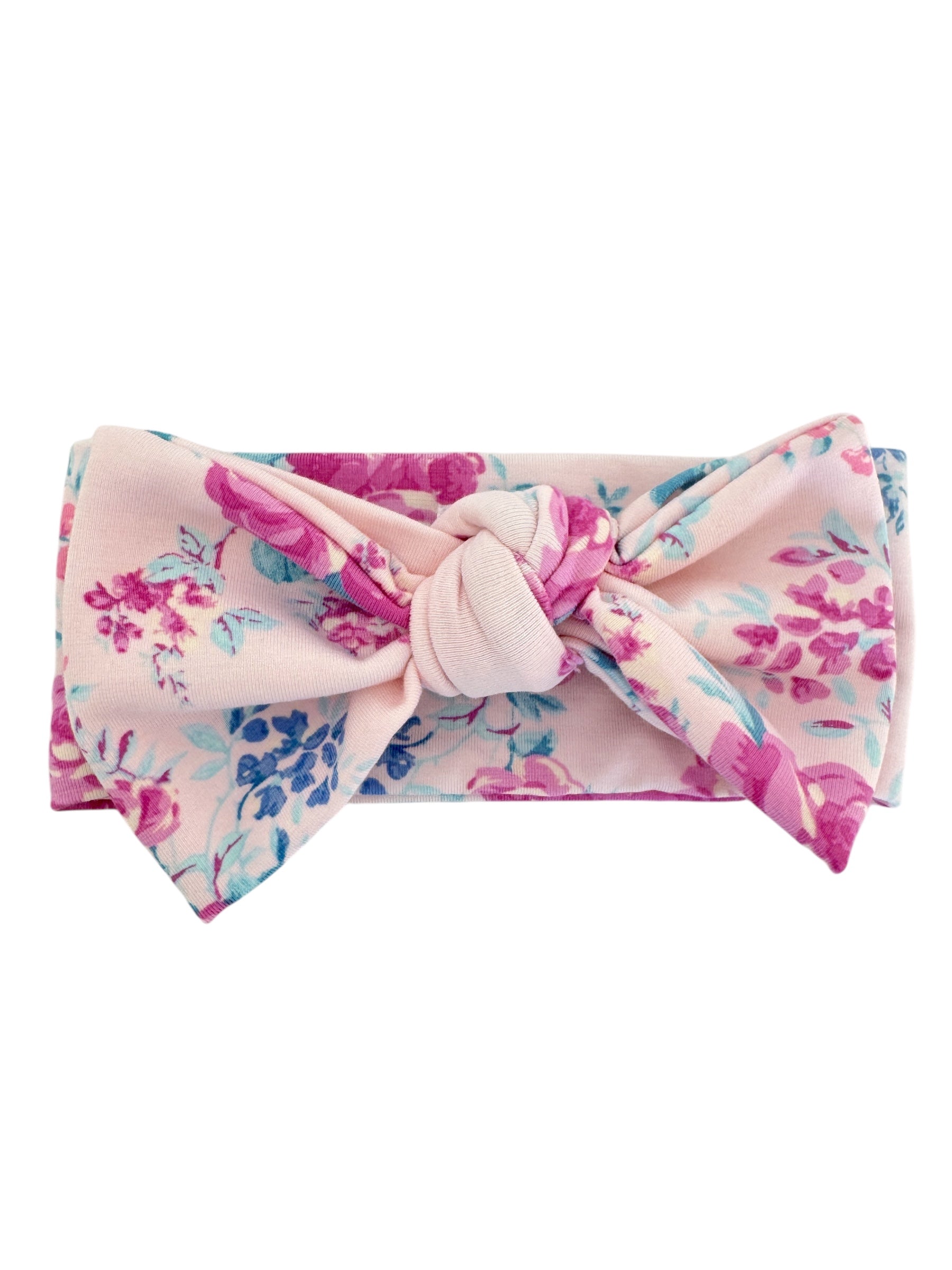 Floral headband in pink and blue with a knotted bow design, perfect for stylish hair accessories.