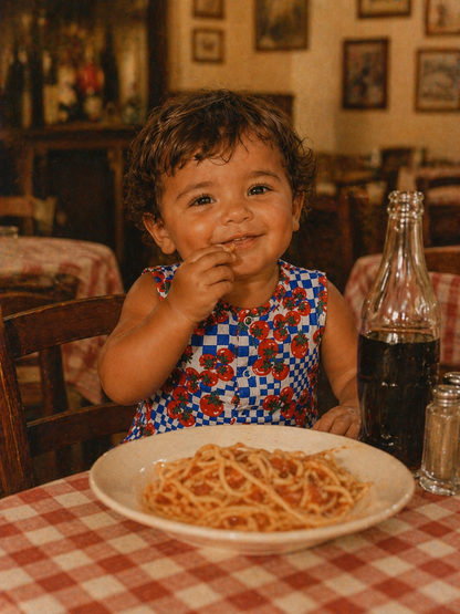 Smiling child in a colorful dress enjoying spaghetti at a cozy restaurant table with checkered tablecloth.