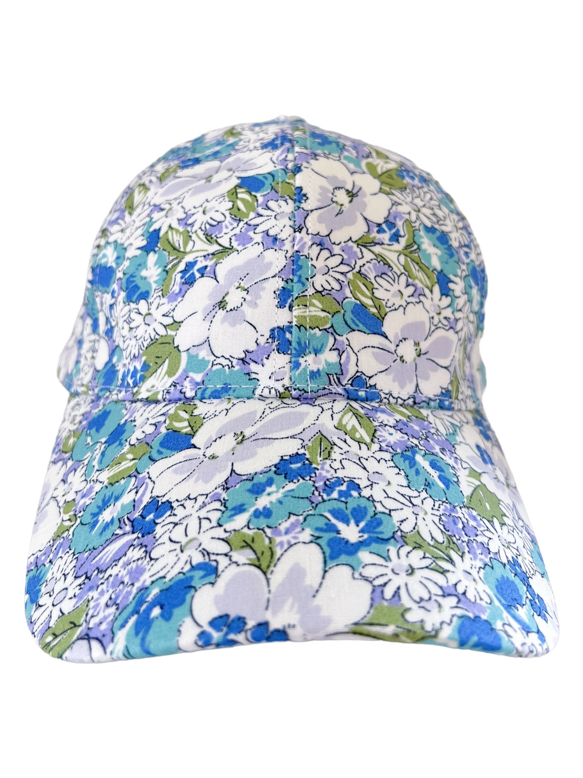 Floral print cap featuring blue, green, and white patterns on a white background.