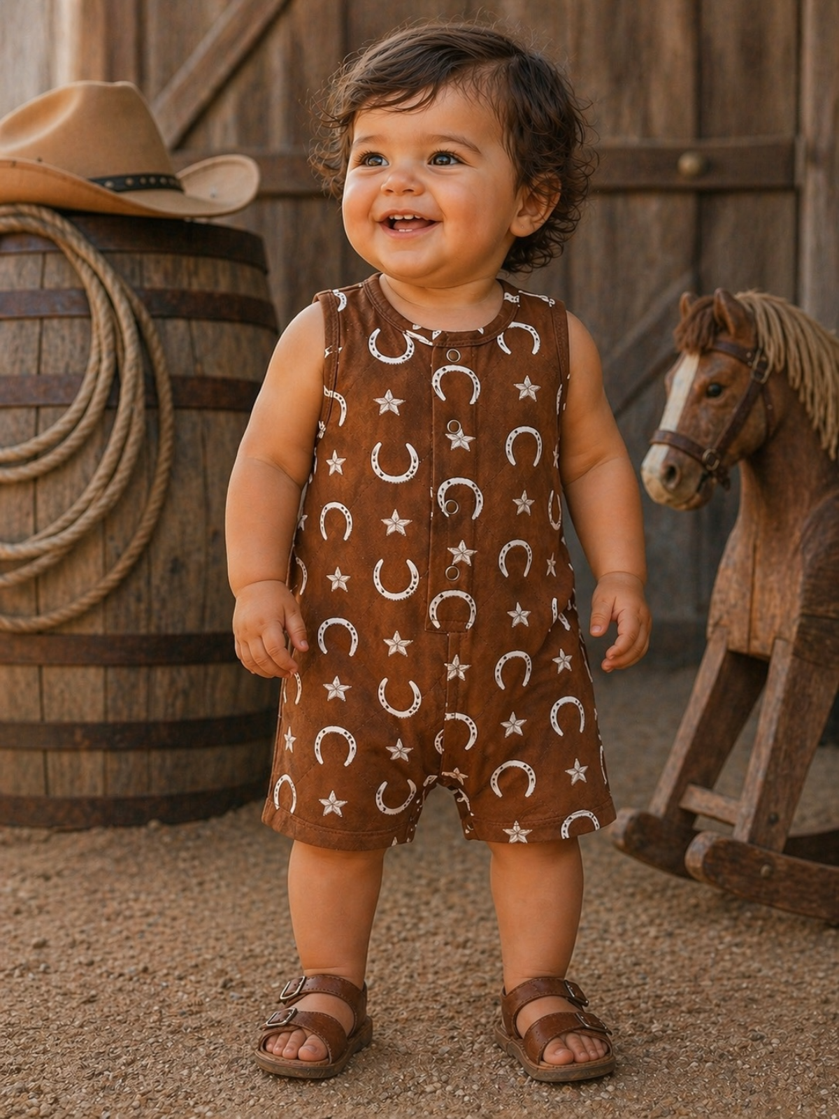 Smiling toddler in a brown patterned outfit stands near a wooden horse and barrels, set in a rustic outdoor scene.