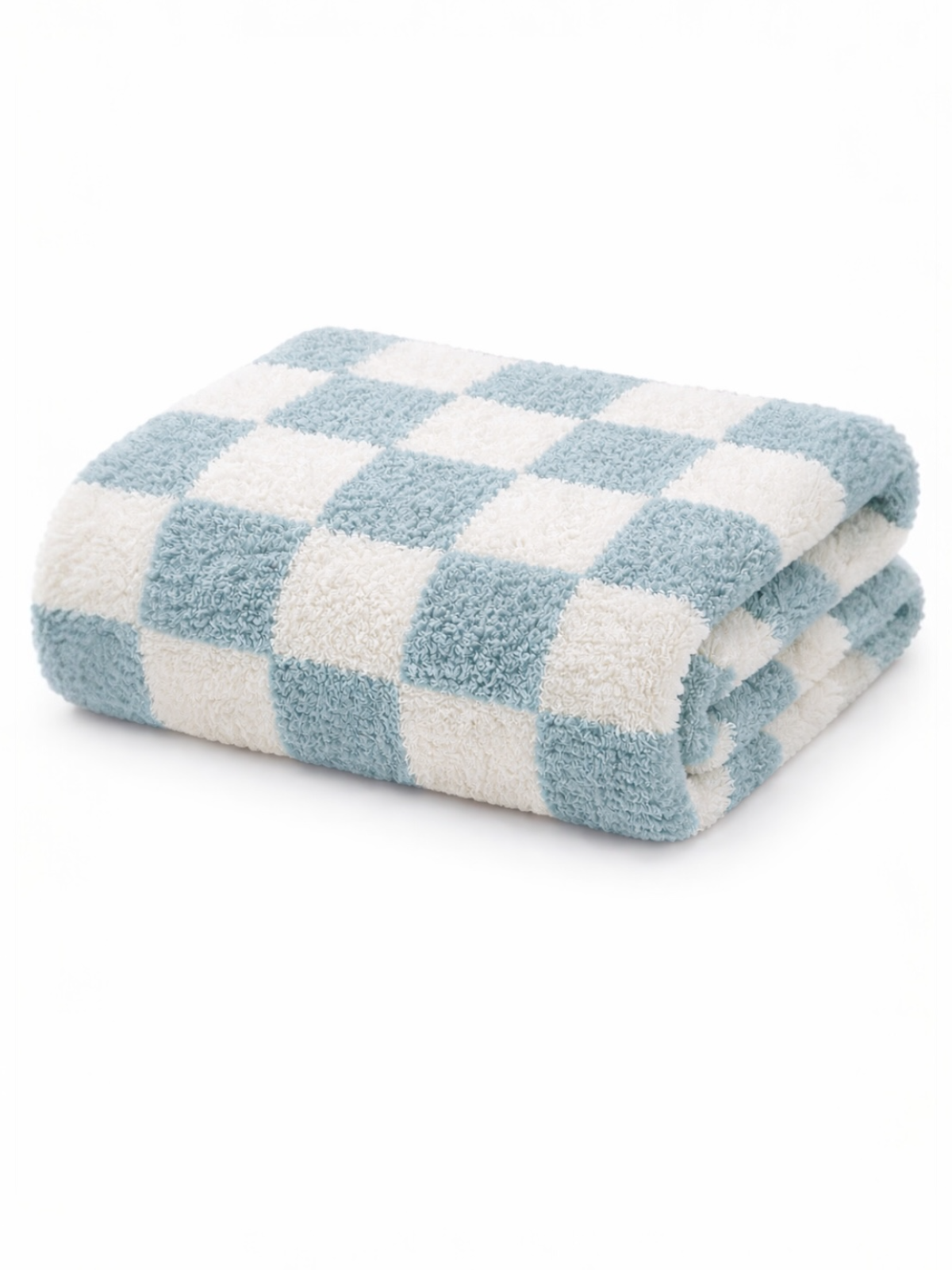 Blue and white checkered towel, neatly folded on a light background.