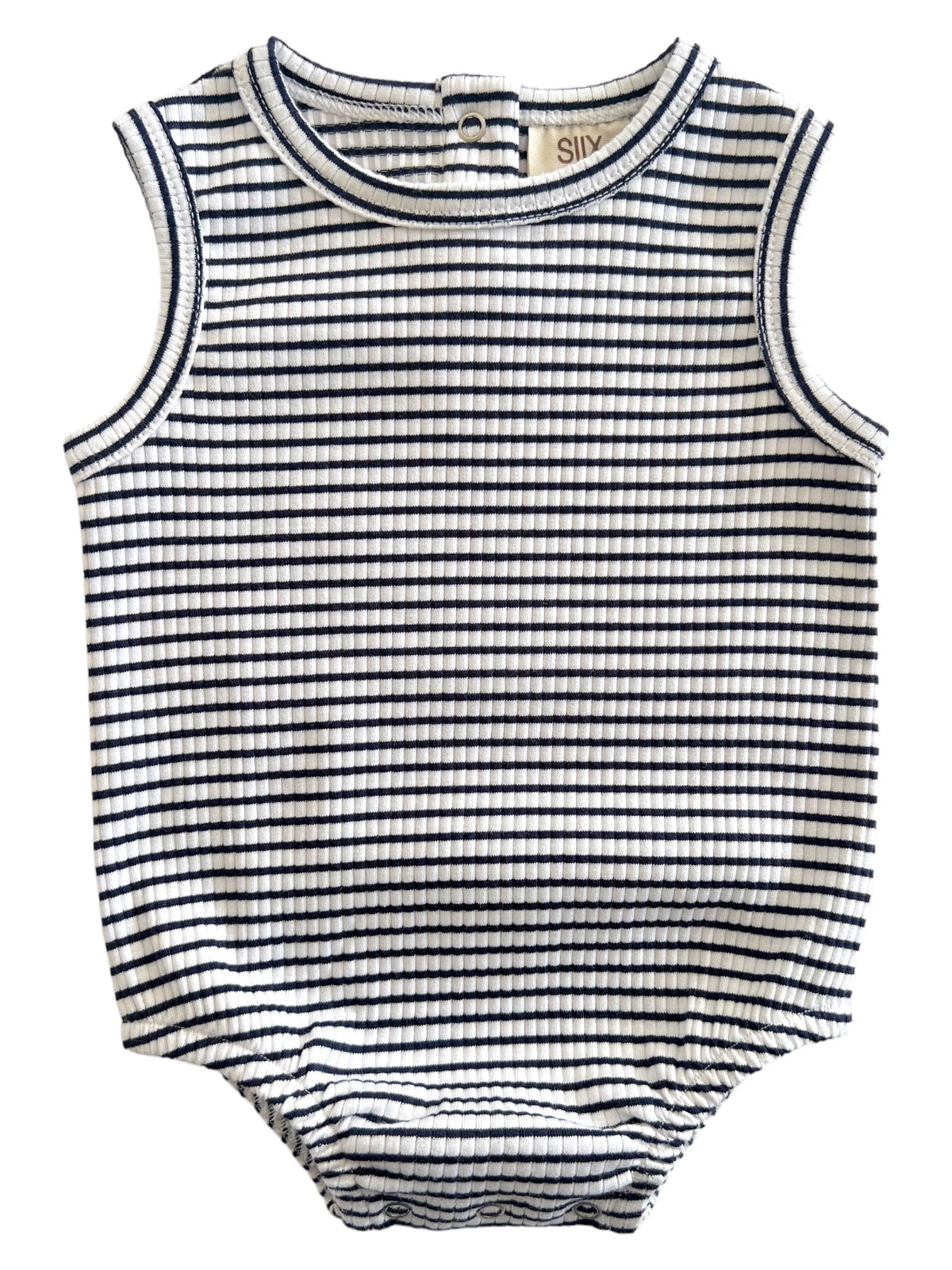 Striped sleeveless baby onesie in navy and white with snap closure at the back. Perfect for warm weather wear.