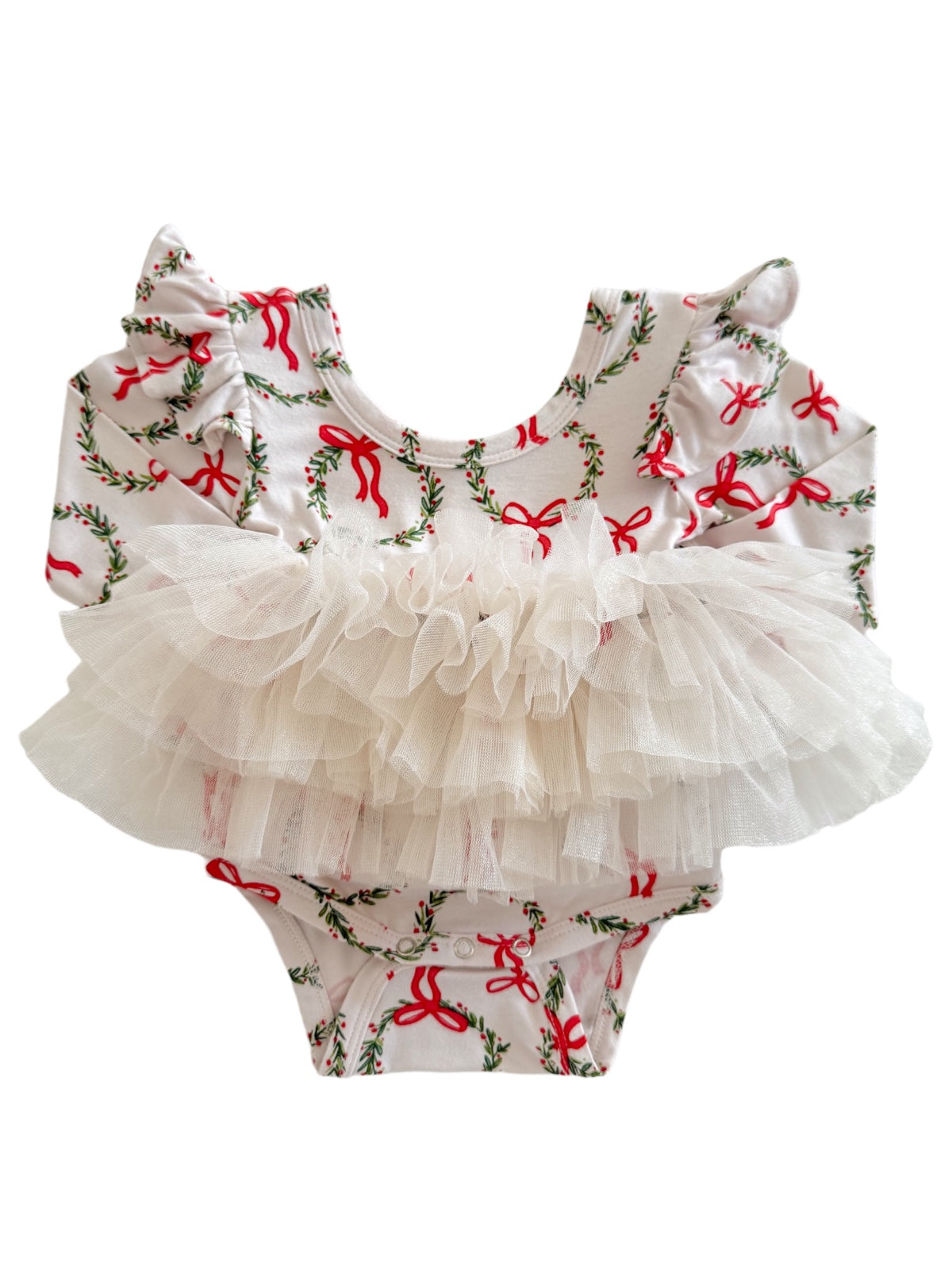 Baby swimsuit with red bows and green wreaths, featuring a fluffy white tulle ruffle at the waist.