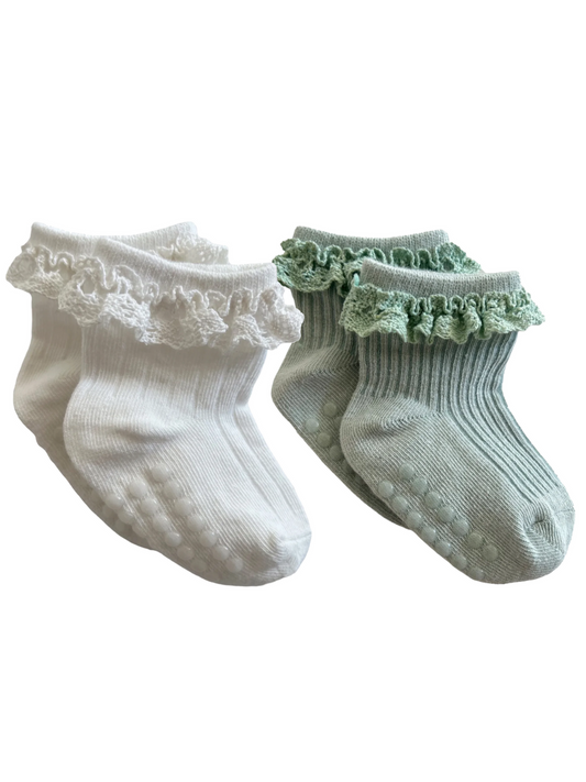 2-Pack Everyday Ruffle Socks, White & Mint