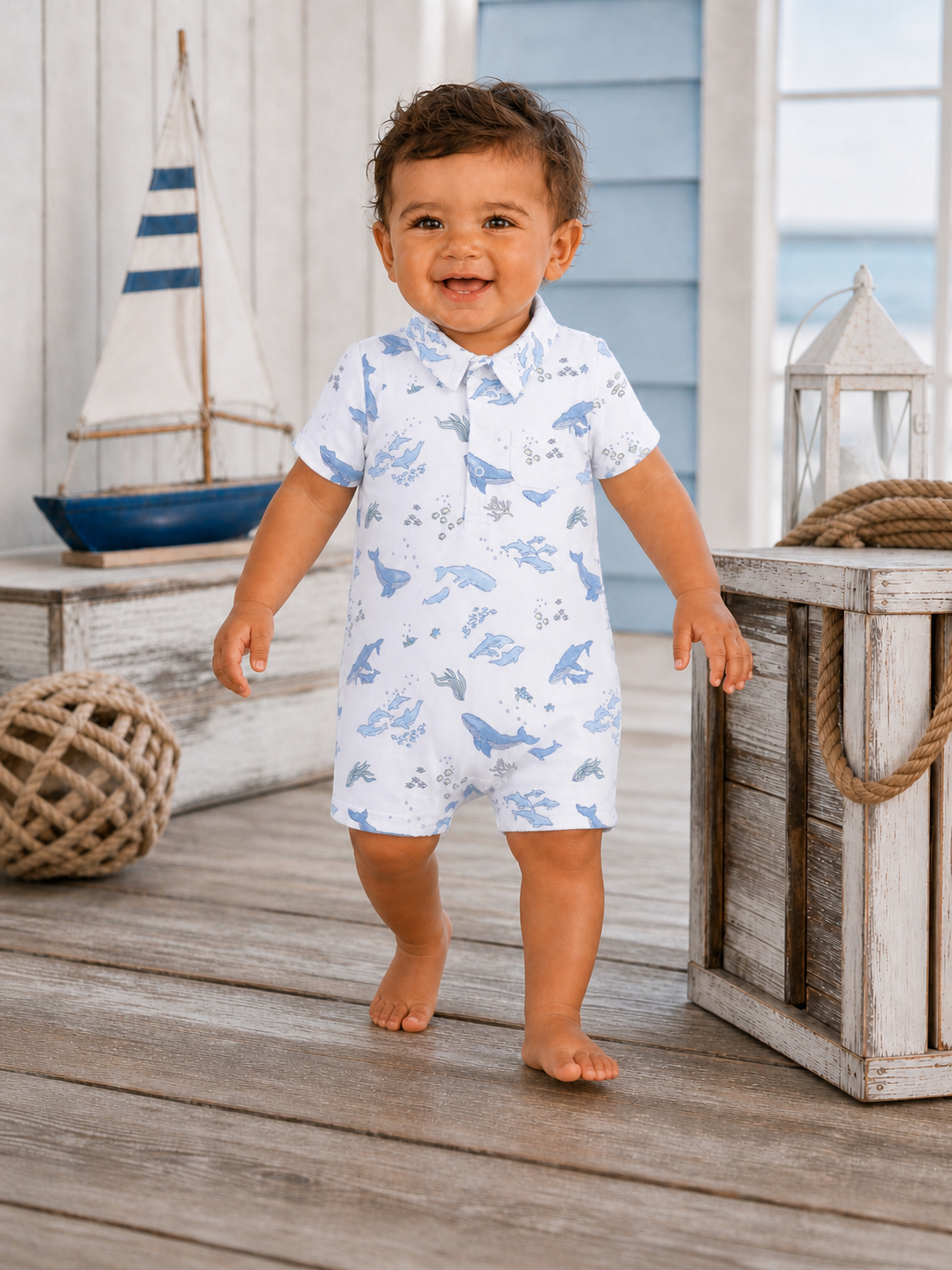 Smiling toddler in a whale-patterned romper walking on wood flooring near nautical decor.