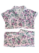 Floral pink pajama set featuring short sleeves and a comfortable, relaxed fit. Perfect for cozy nights.