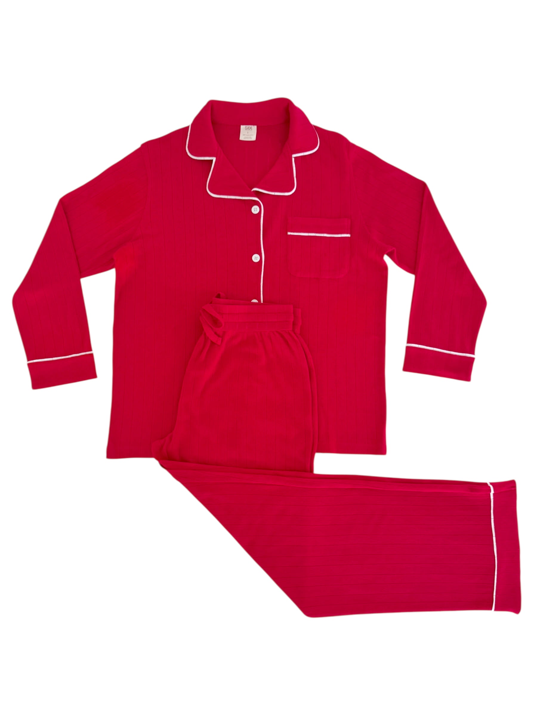 Red pajama set featuring long sleeves, a collar, and white piping details.