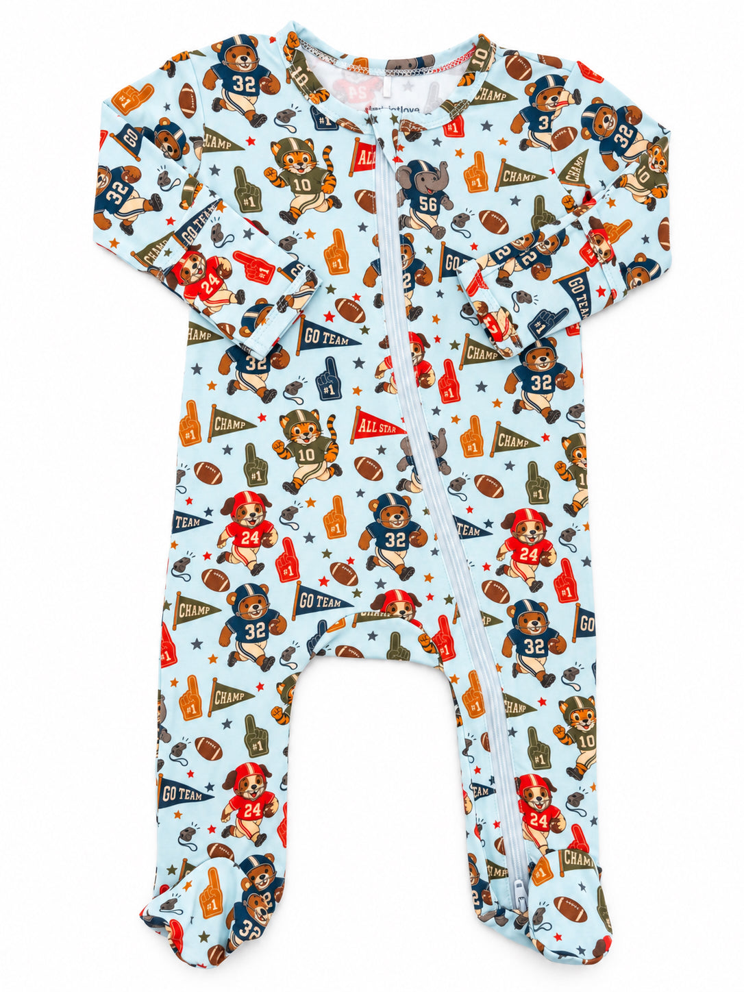 Blue infant bodysuit adorned with playful sports-themed animal characters and accessories.