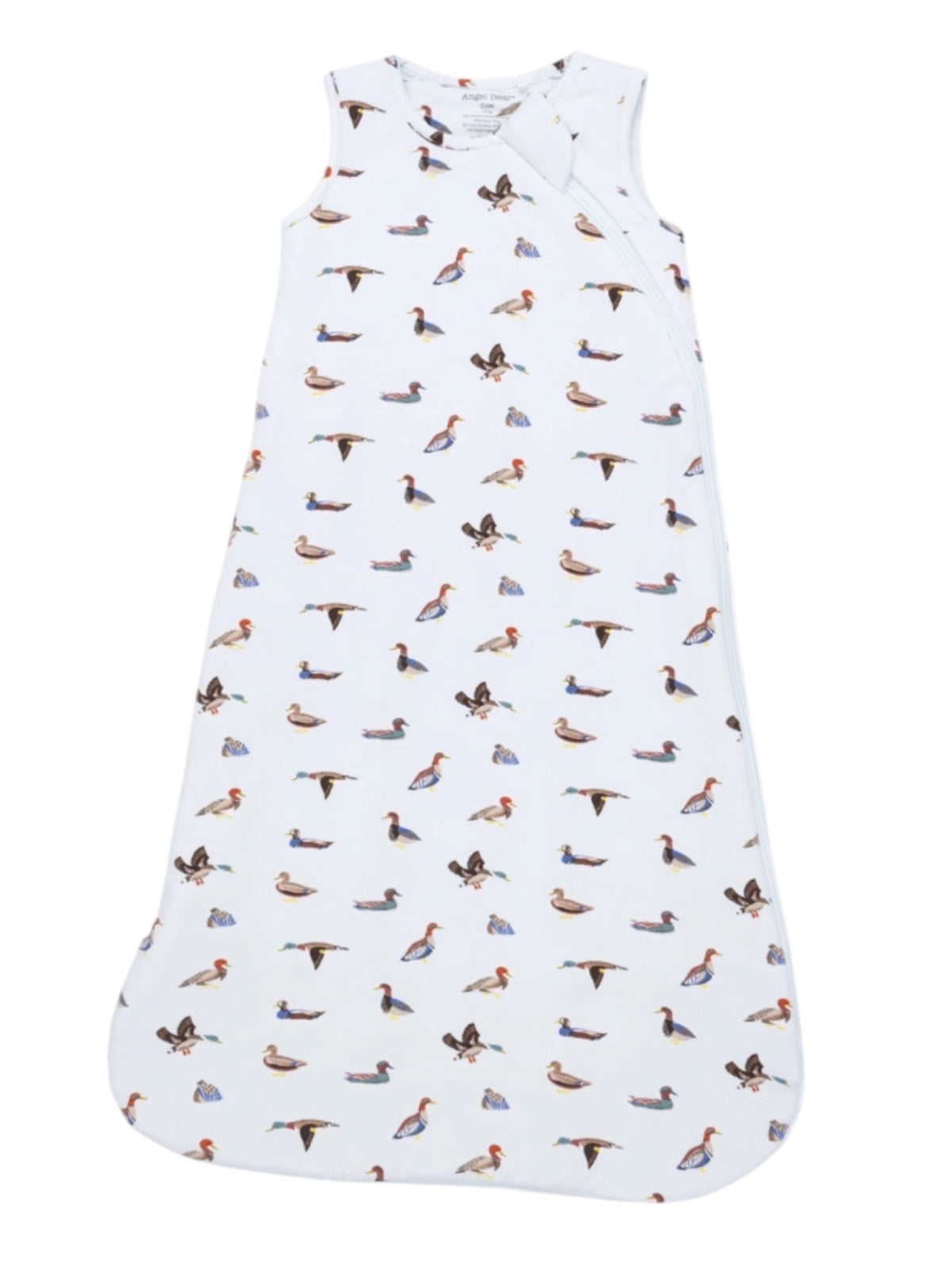 White baby sleep sack with a colorful duck pattern throughout.