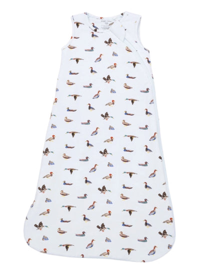 White baby sleep sack with a colorful duck pattern throughout.