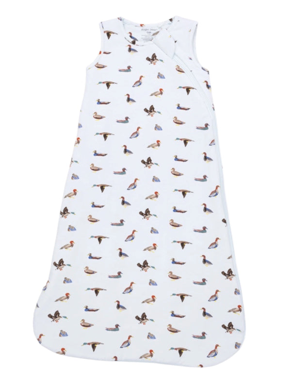White baby sleep sack with a colorful duck pattern throughout.