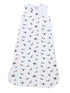 White baby sleep sack with a colorful duck pattern throughout.