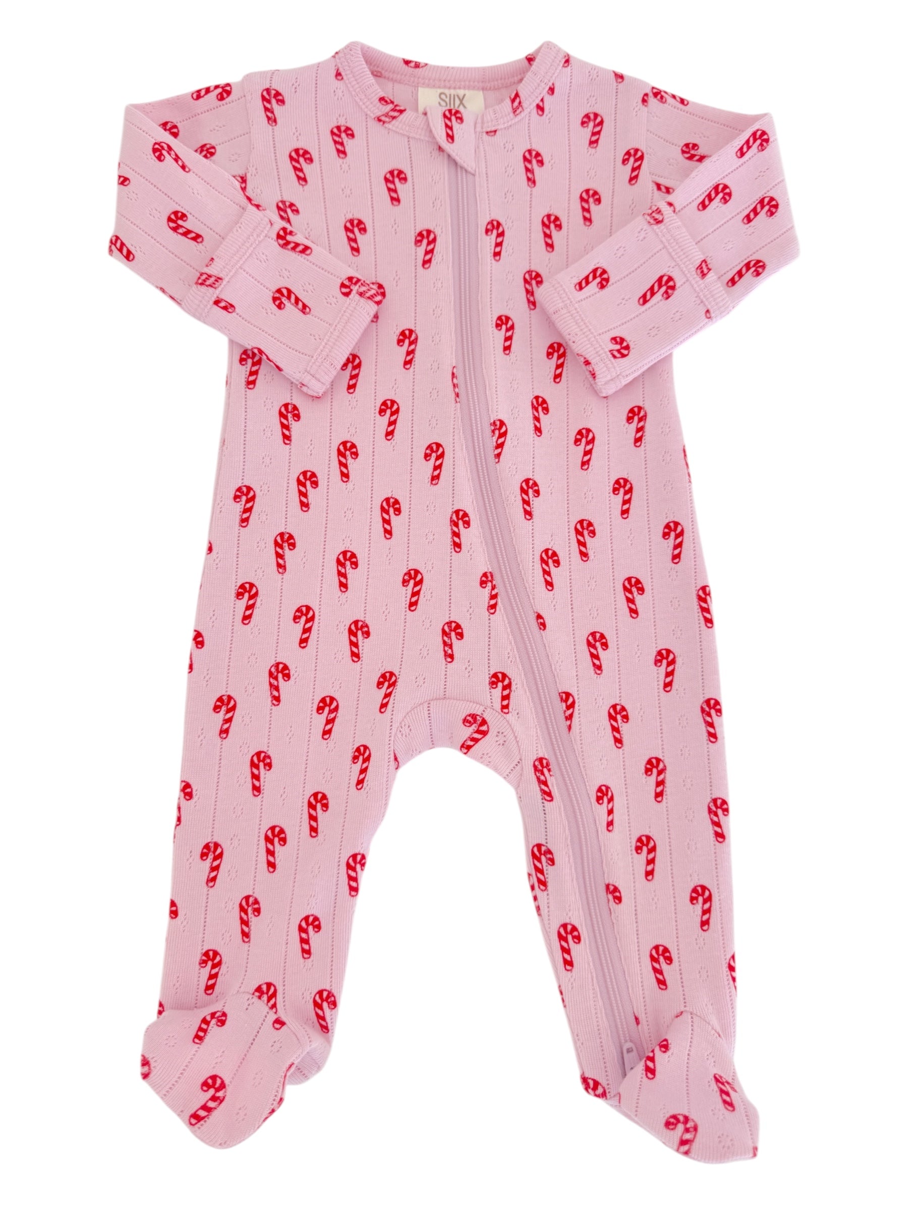 Pink baby onesie with candy cane pattern and long sleeves. Suitable for infants during winter.