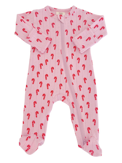 Pink baby onesie with candy cane pattern and long sleeves. Suitable for infants during winter.