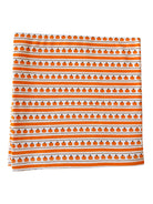 Orange and white fabric featuring repeating pumpkin patterns in horizontal stripes. Perfect for fall decor.
