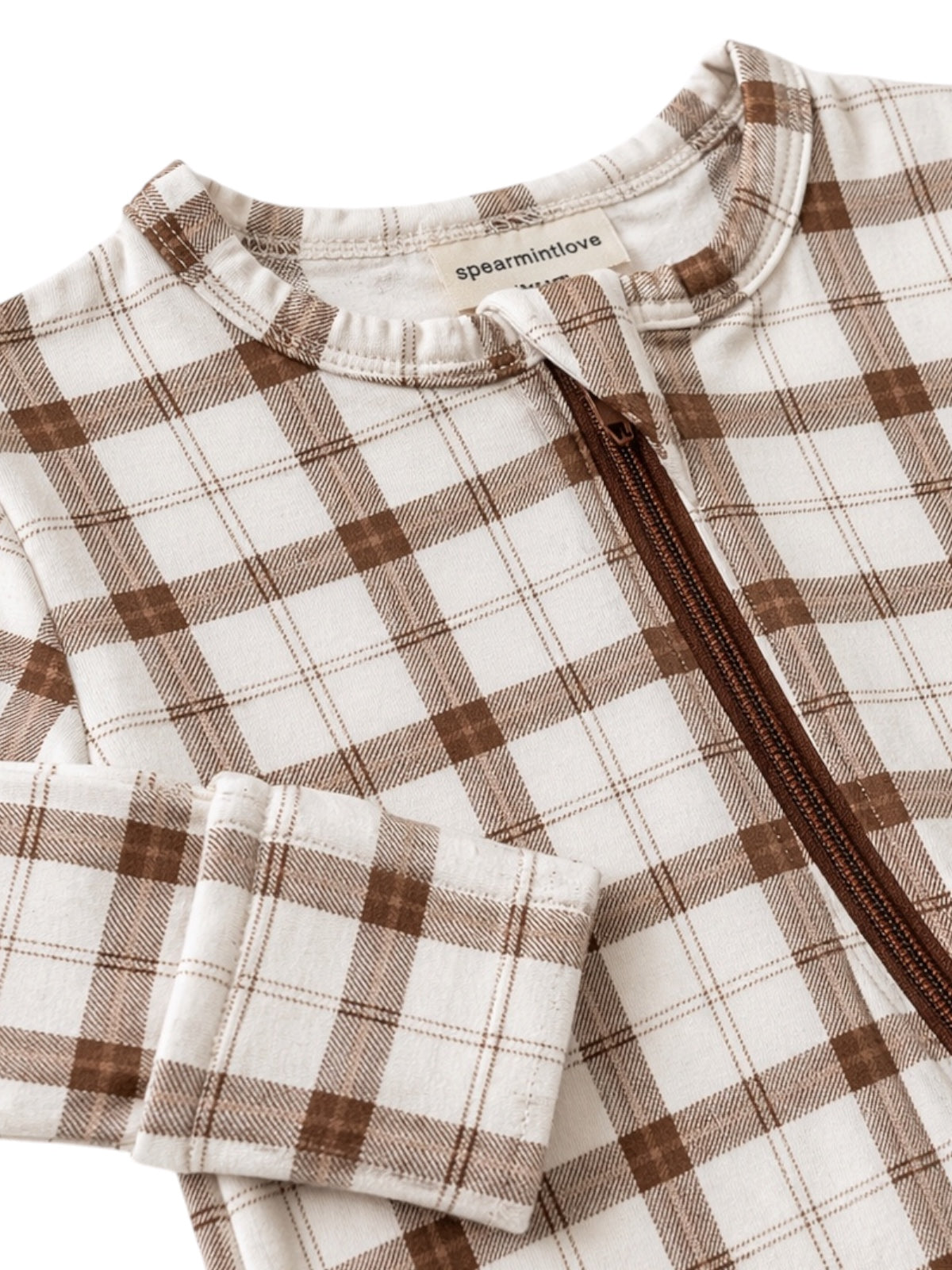 Brown plaid zip-up baby outfit featuring soft fabric and ribbed cuff details.