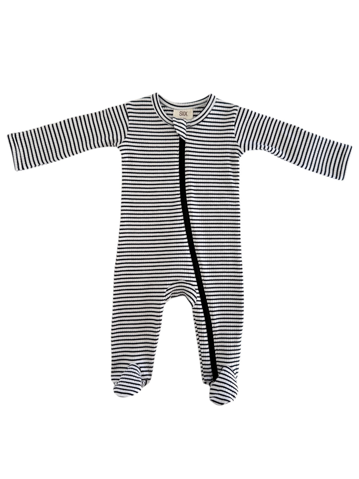 Black and white striped baby onesie with long sleeves and footed design, featuring a front zipper.