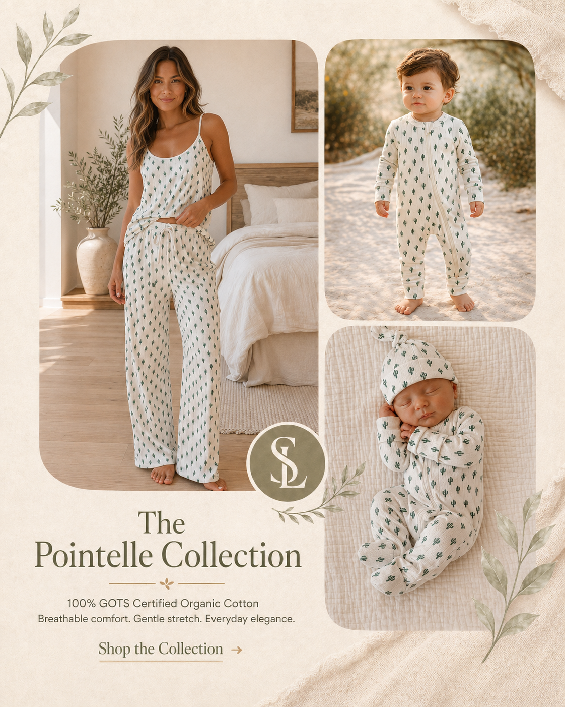 Models wearing the Pointelle Collection made of GOTS certified organic cotton, showcasing comfort and style.