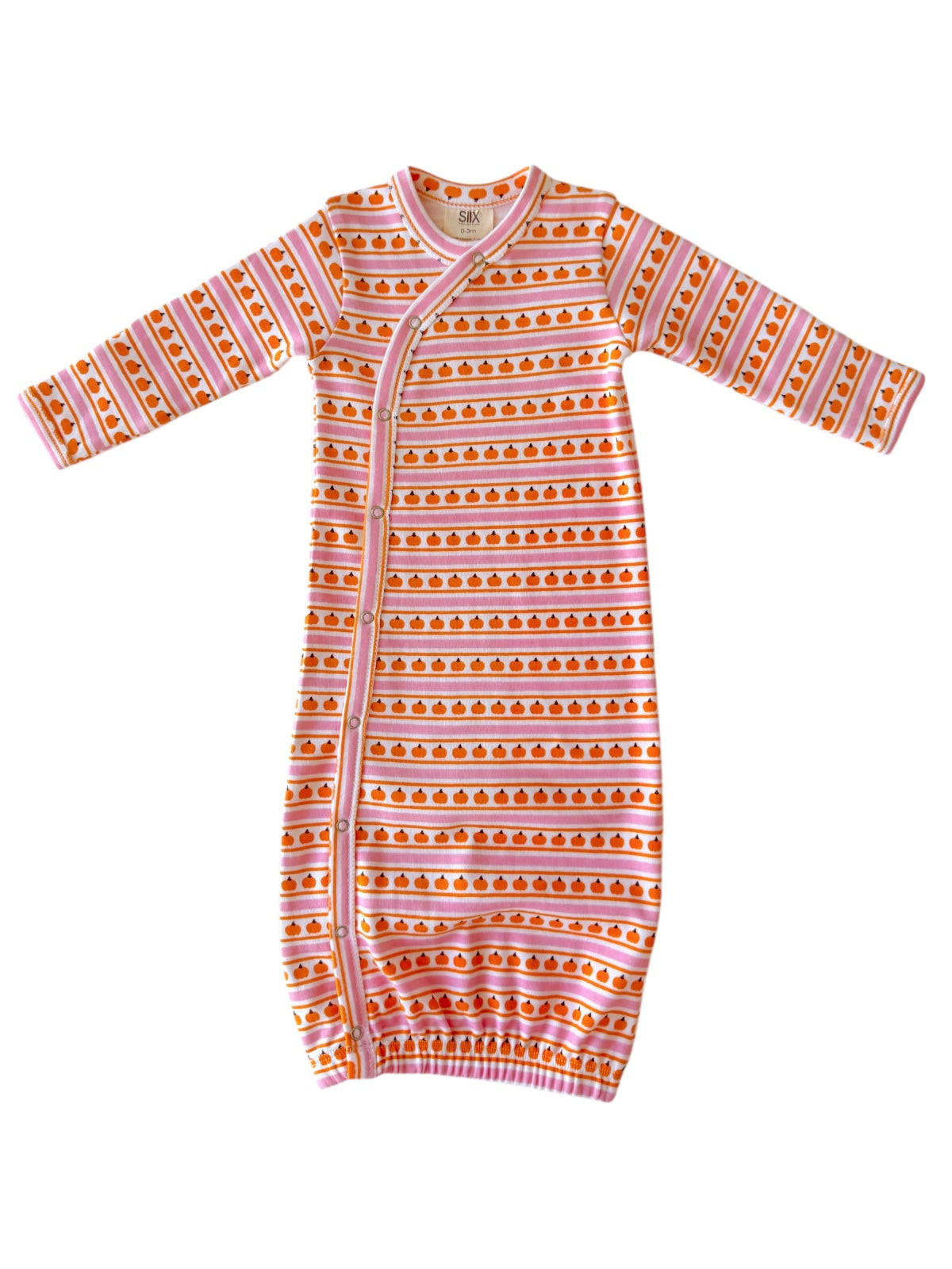 Pink striped baby sleep sack with orange pumpkin patterns and snap closure at the front.