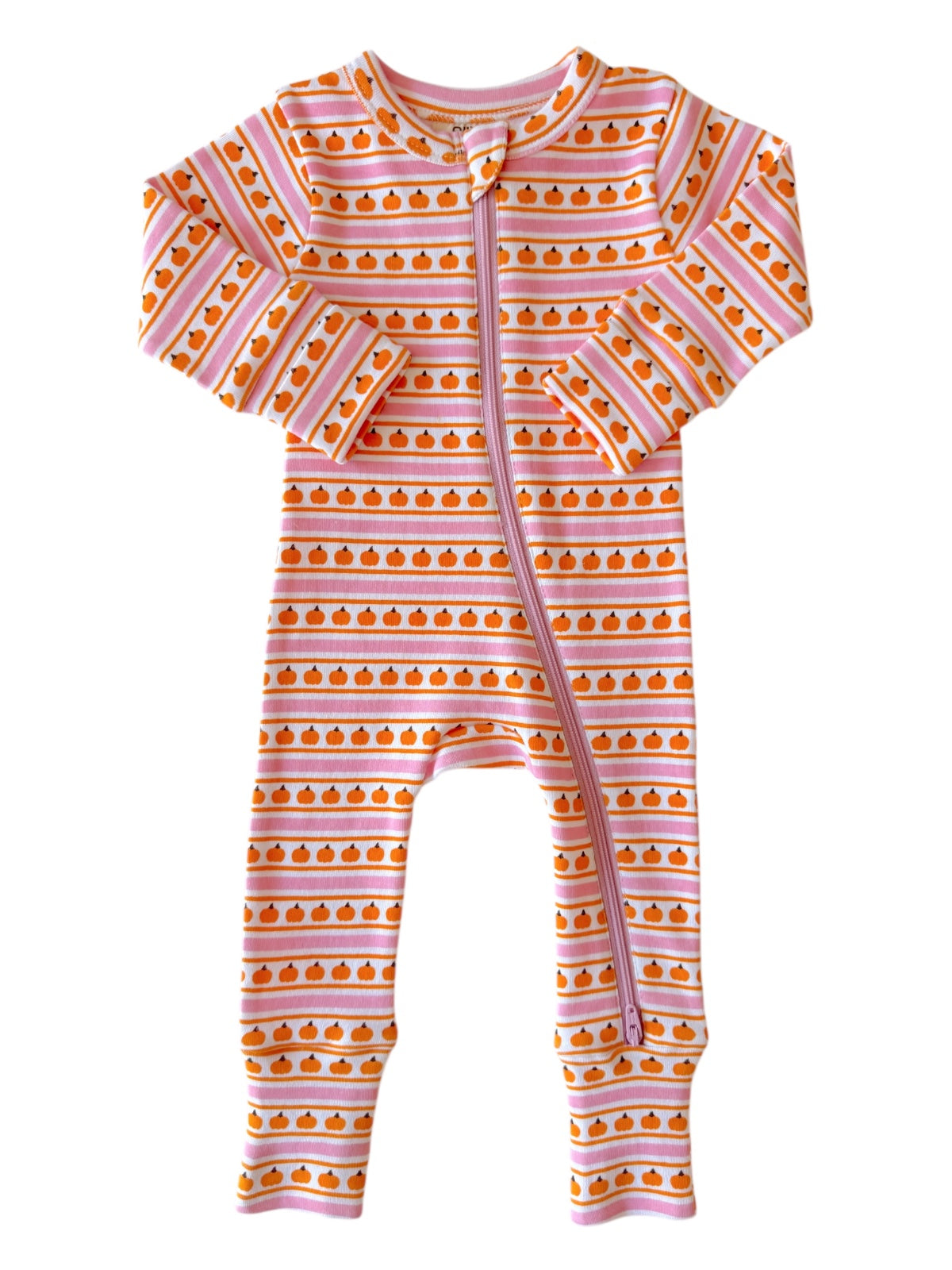Orange and pink striped baby onesie with pumpkin patterns and zipper closure. Perfect for cozy fall outfits.