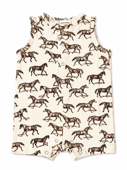 Boy's sleeveless romper with a horse print design in brown on a cream background. Ideal for warm weather.