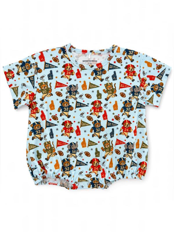 Light blue baby romper featuring playful animal sports motifs and team icons. Perfect for young sports fans.