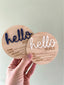 Hello World Birth Stat 3D Announcement Wood Disc, Navy