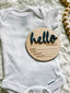 Hello World Birth Stat 3D Announcement Wood Disc, Navy