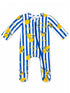 Blue and white striped baby romper with lemon prints and "Limone" text. Long sleeves and a zipper front.
