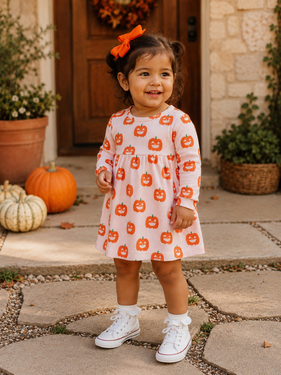 Smiling child in a pumpkin-patterned dress, standing outdoors by pumpkins and a wooden door.