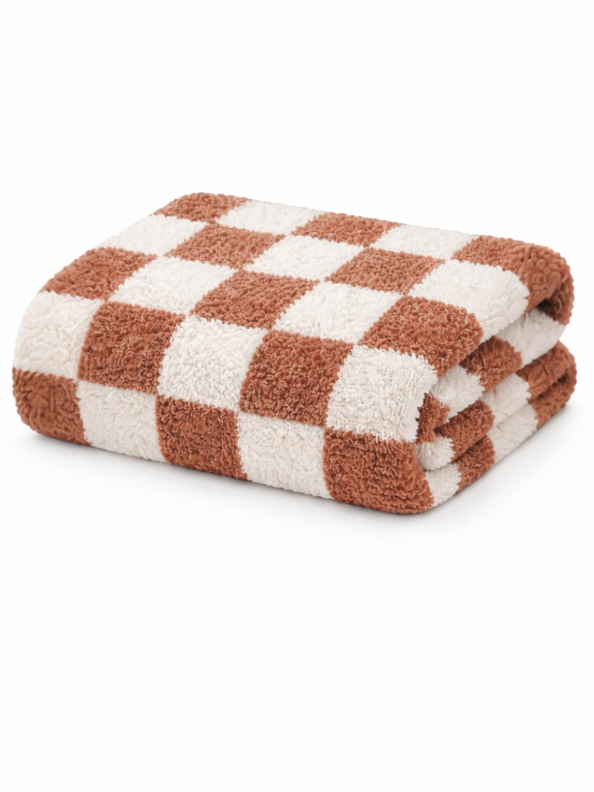 Brown and cream checkered towel, neatly folded with a soft, fluffy texture.
