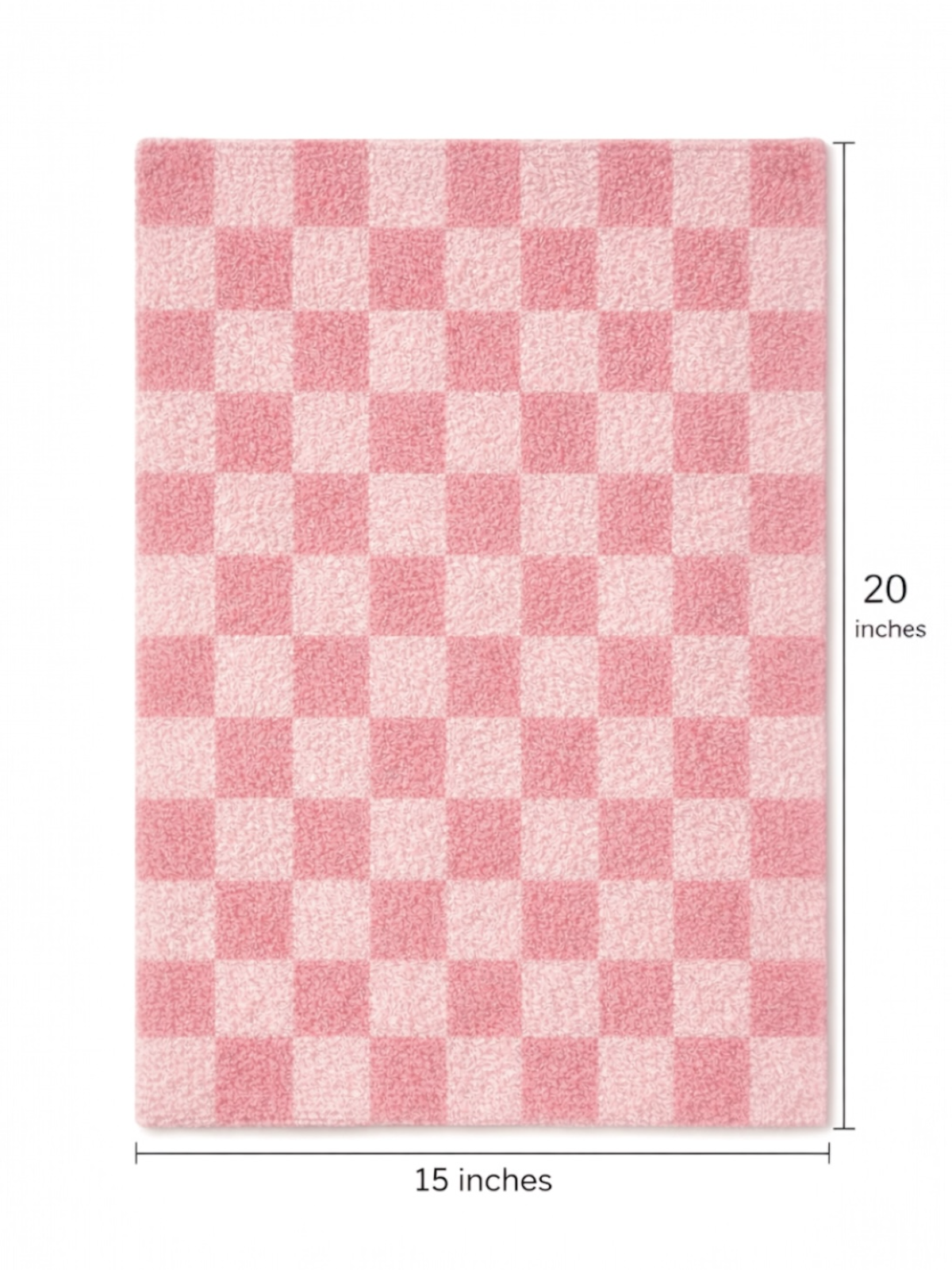 Pink checkered rug measuring 15 by 20 inches, featuring a plush texture and soft surface.