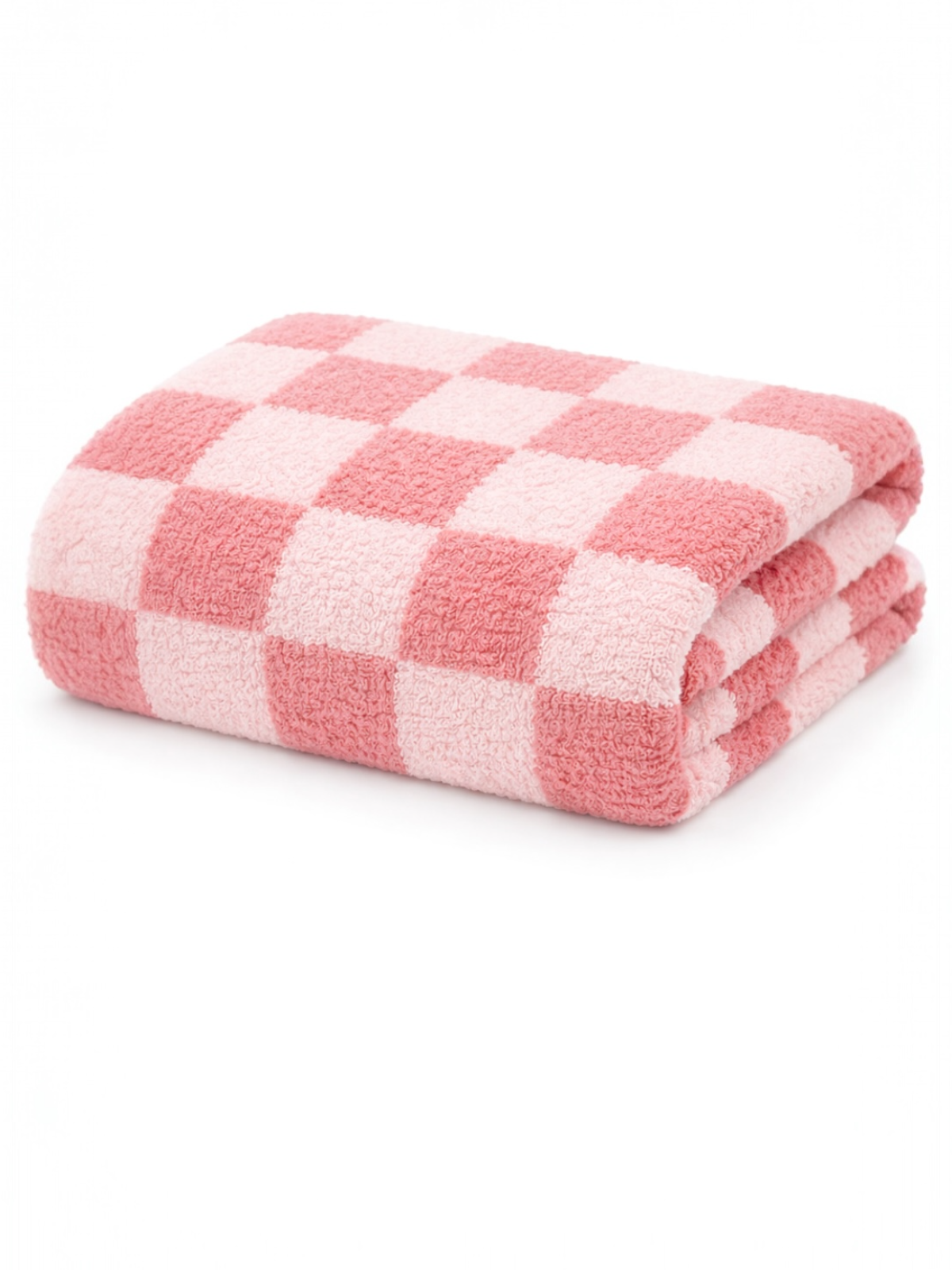 Folded pink checkered towel on a white background, showcasing a soft texture and playful design.