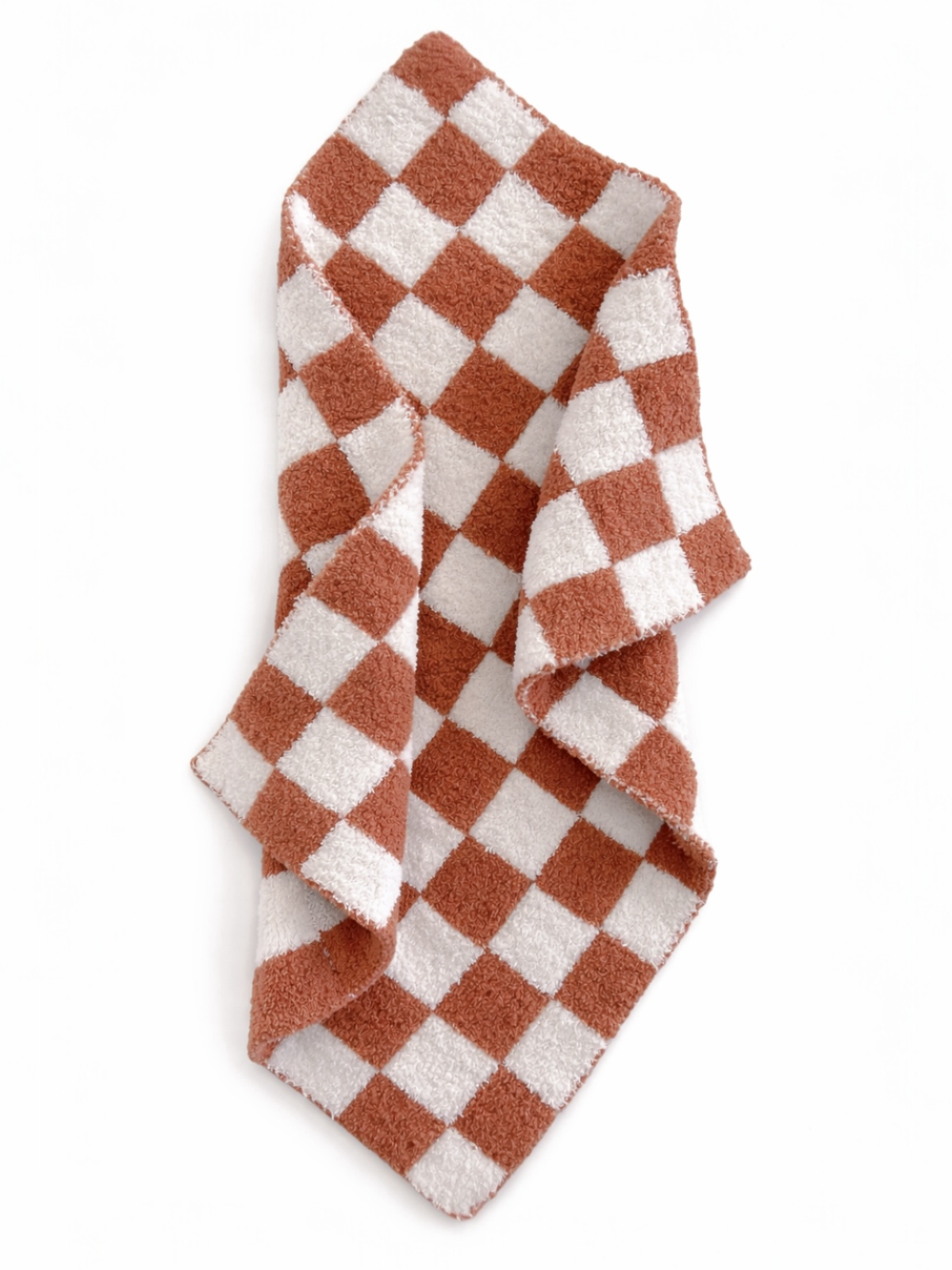 Brown and white checkered towel folded on a white background.