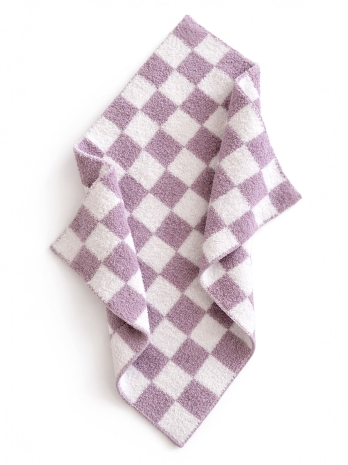 Purple and white checkered fabric draped on a flat surface, showcasing its soft texture and pattern.