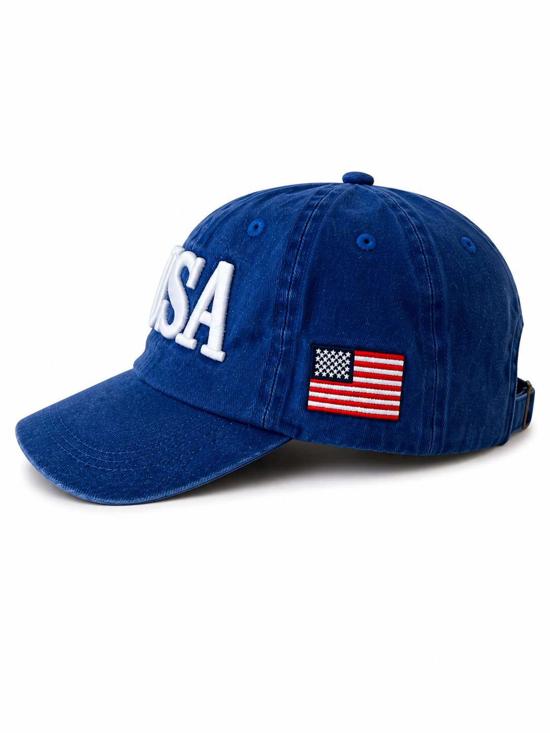 Blue cap featuring "USA" lettering and an American flag patch on the side.