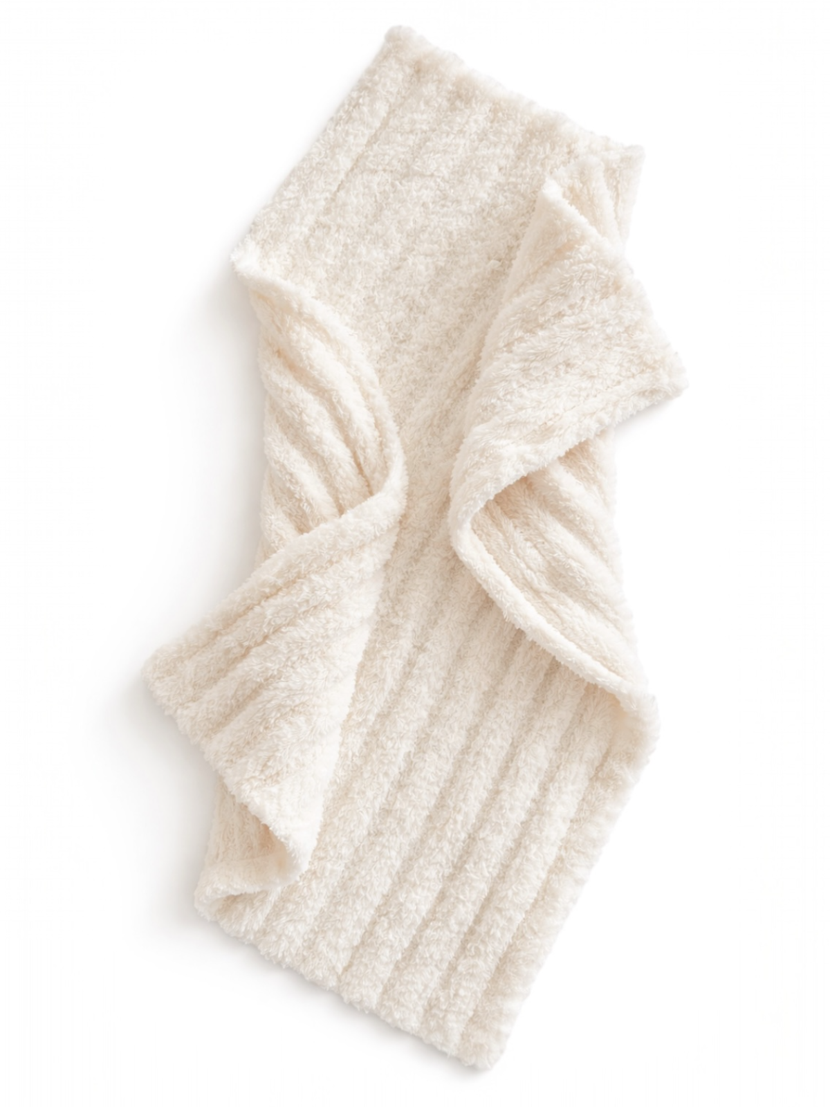 Soft cream-colored fleece scarf with a ribbed texture, elegantly draped.