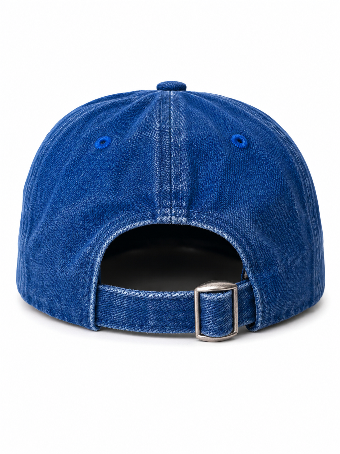 Blue baseball cap seen from the back, featuring an adjustable strap and top button.
