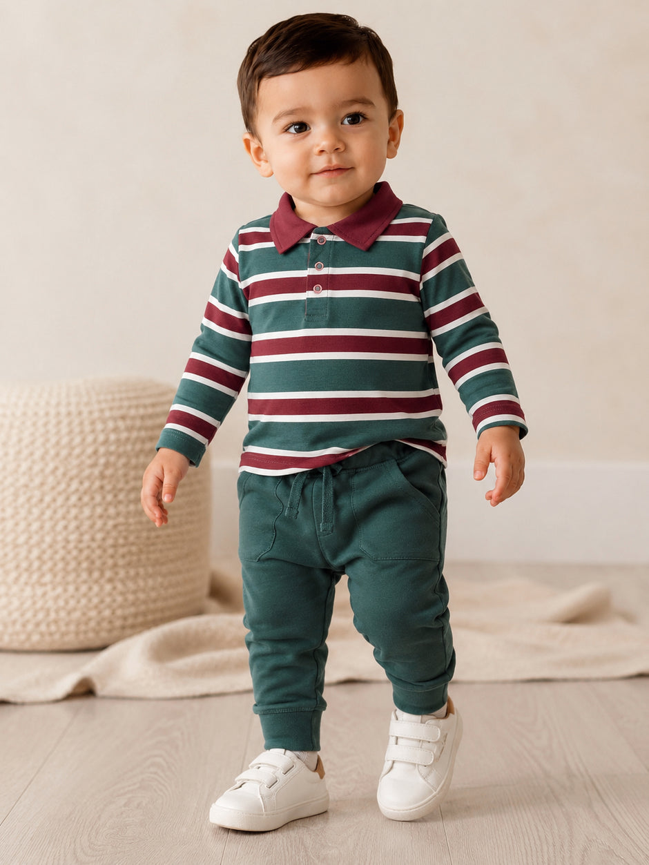 Long Sleeve Polo & Jogger, Rugby Stripe Green