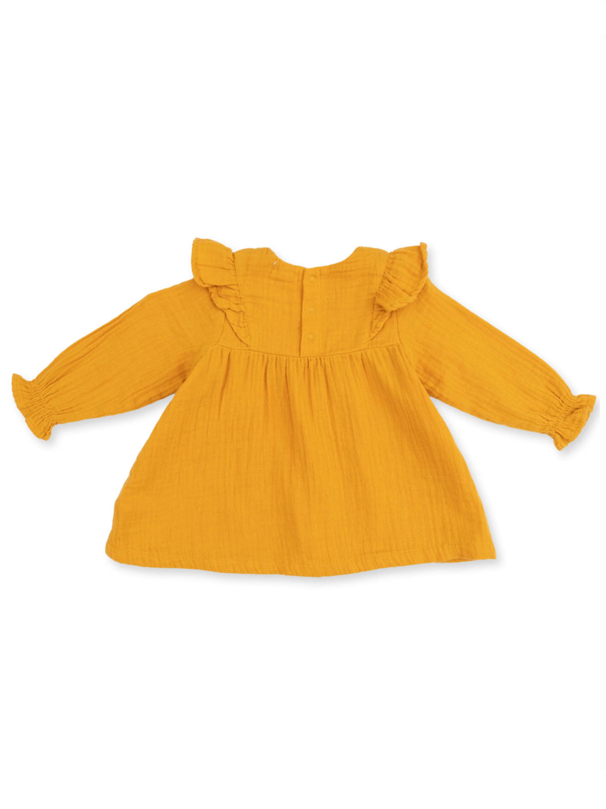Yellow ruffled dress for children, featuring a button closure and long sleeves.