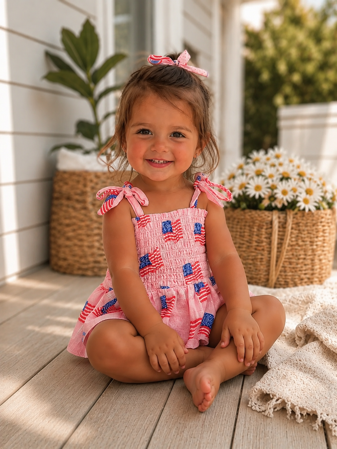 Smiling young girl in a patriotic dress sits on a wooden deck surrounded by daisies and greenery.