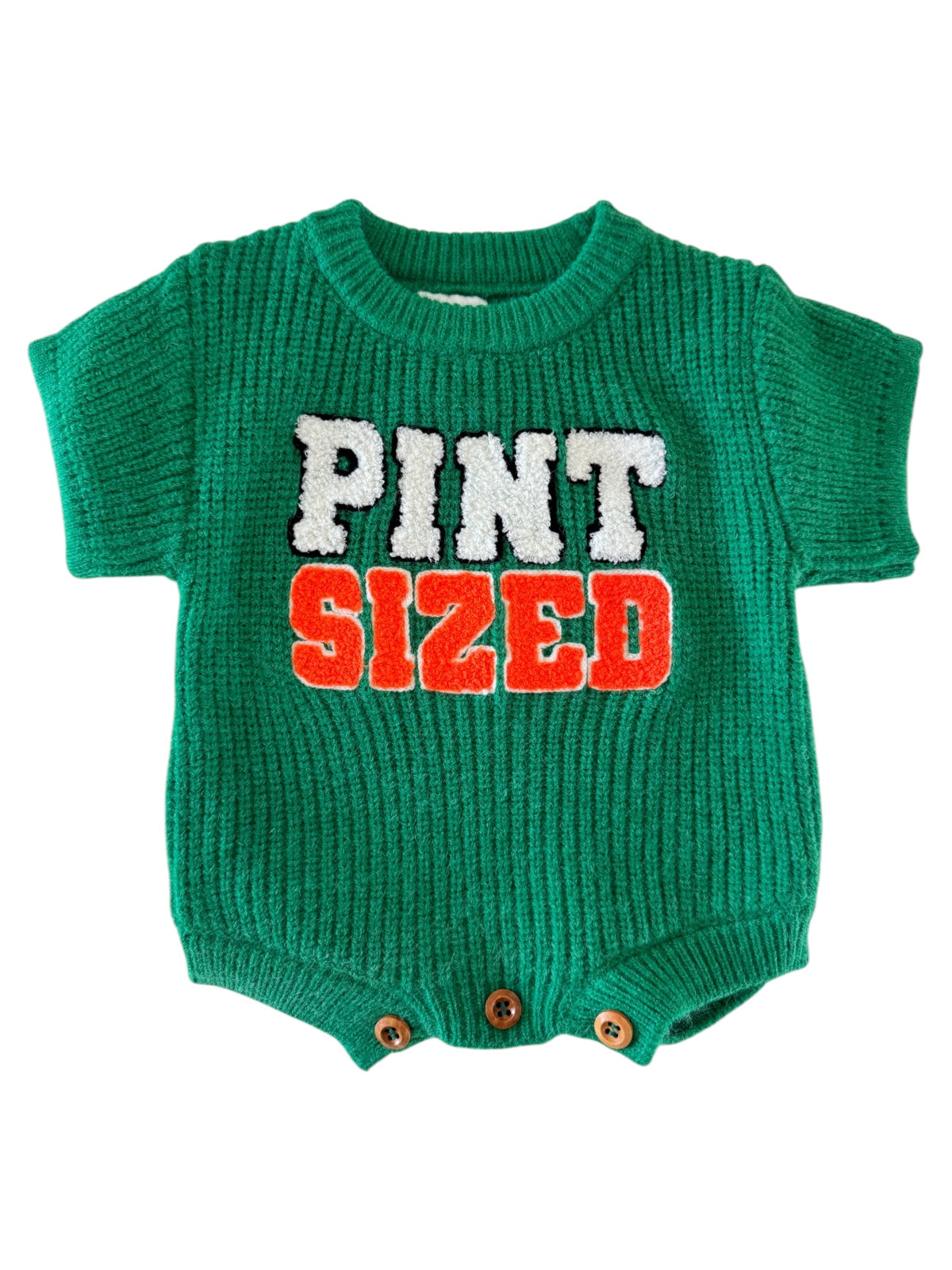 Green baby onesie with "PINT SIZED" printed in white and orange letters. Buttons at the bottom for easy dressing.