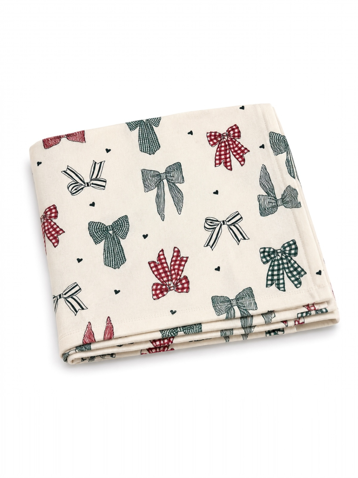 Cream fabric featuring a pattern of colorful bows in red, green, and black on a light background.