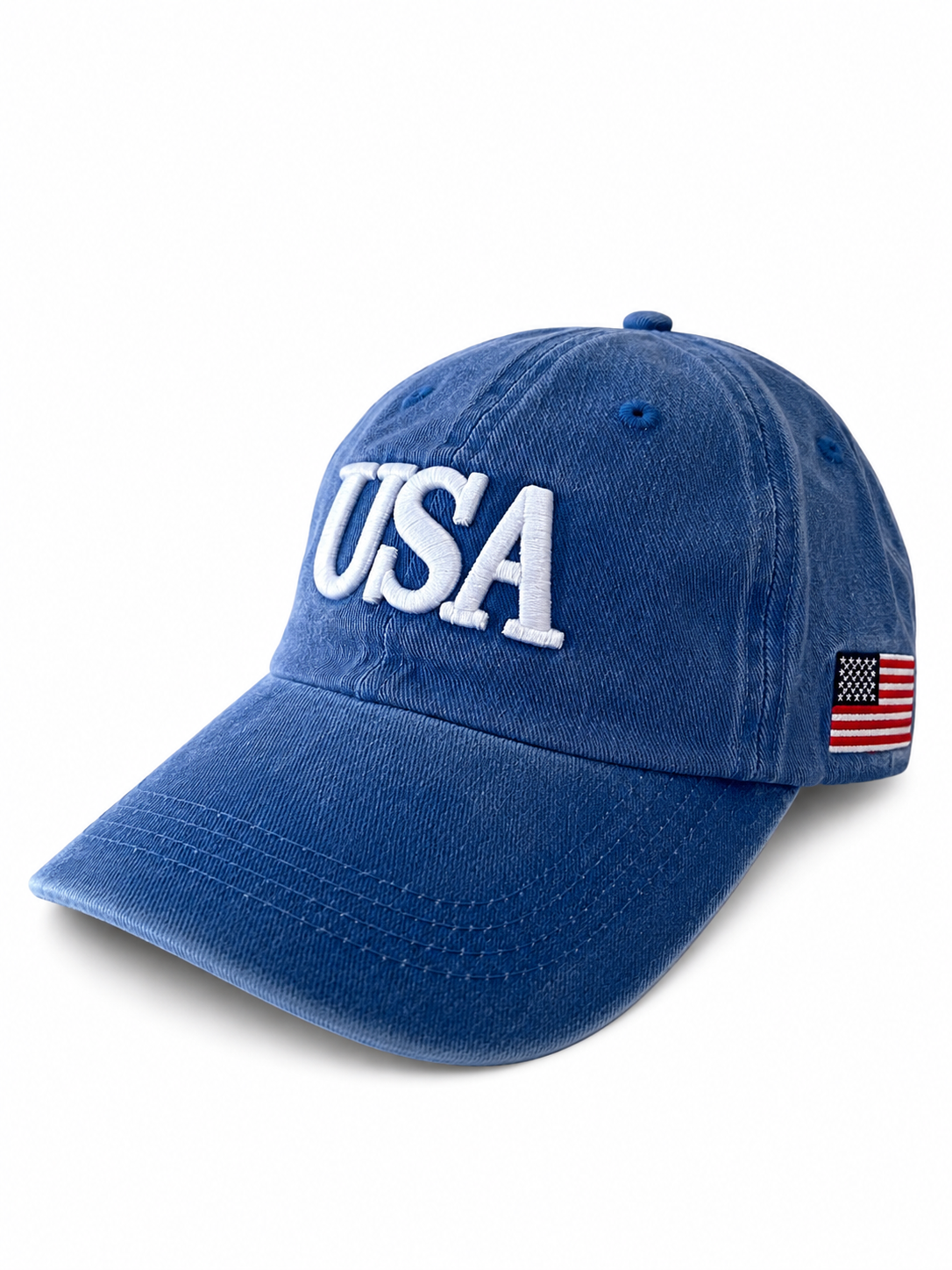Blue baseball cap with "USA" embroidered in white and a small American flag on the side.